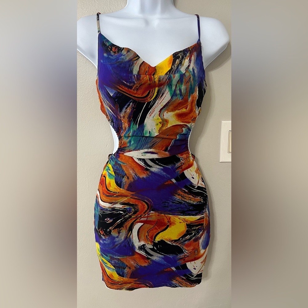 Blanc Picasso Print Cut Out Mini Dress Small Multicolor Bodycon Party - Picture 6 of 15